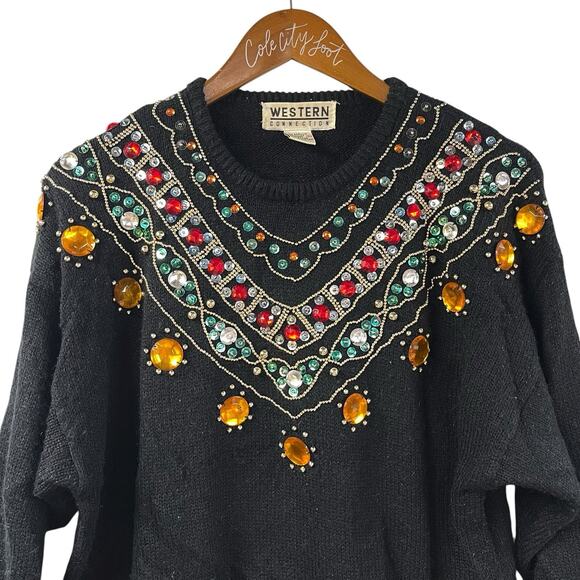 Not So Ugly Christmas Sweater Gems Beads Vintage V Neck Western Connection Large - Picture 2 of 6
